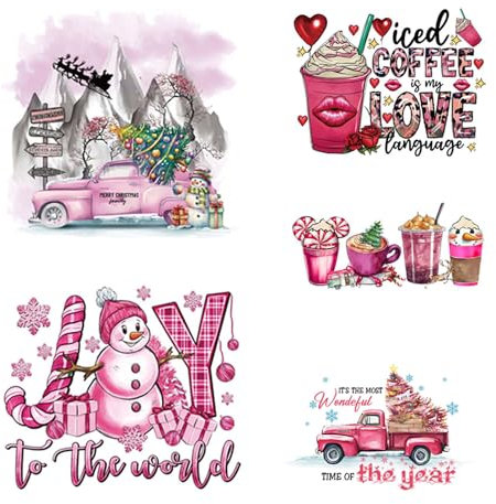 5Sheet Christmas Iron on Patches Vinyl Decals,Cute Cartoon Christmas Heat Transfer Decals Pink Santa Claus Christmas Tree Designs Stickers for T Shirts Hoodie DIY Supplie