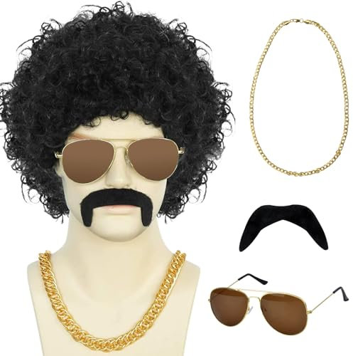 Afro Perücke Schwarz Herren Damen 70er 80er Jahre Kostüm Disco Männer Karneval Fasching Perücke Herren Schnurrbart Zum Ankleben Faschingskostüme Halloween Party Kostüme