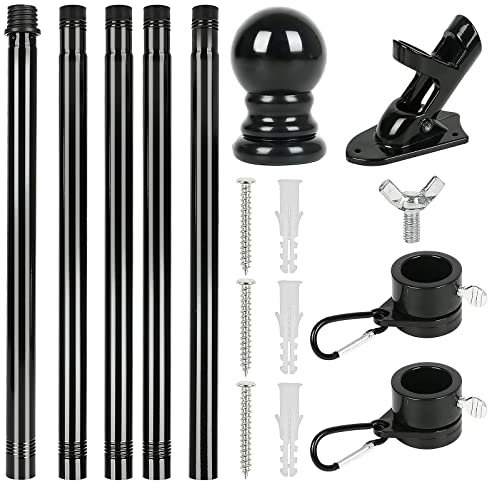 Asta per bandiera in alluminio, 180 cm, in acciaio inox, con supporto per anelli girevoli, asta per bandiera da parete, accessorio per casa, giardino, balcone, asta resistente in acciaio inox (nero)