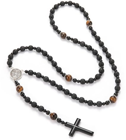 Rosary Necklace for Men, Black Catholic Rosary, Lava Rock Tiger Eye Beads Cross Necklace, Rosarios Catolicos Para Hombre (B)