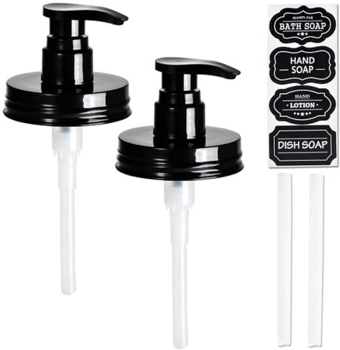 Amolliar Plastic Mason Jar Soap Dispenser Lids(2) - Universal Pump Replacement for Regular Mouth Jar - Long Tubes & Cute Lables -Farmhouse Decor for Kitchen, Bathroom, Dish Soap, Lotions, Hand Soap