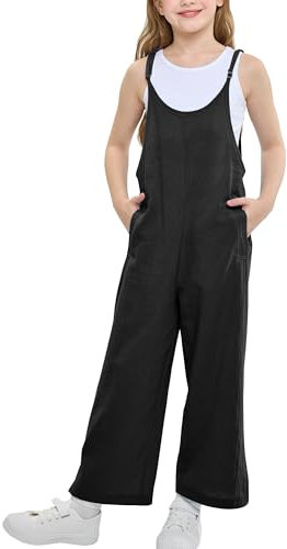 Rolanko Girls Jumpsuit Adjustable Spaghetti Strap Loose Overalls Rompers, Cotton Baggy Plain Playsuits with Pockets for Age 5-12 Years, Black, Size: 8-9 Years, 140