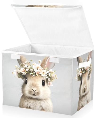 Mnsruu Storage Boxes with Lids, Watercolor Bunny Floral Bouquet Large Storage Basket Organizer Shelves Cube Bin Toy Clothes Underbed