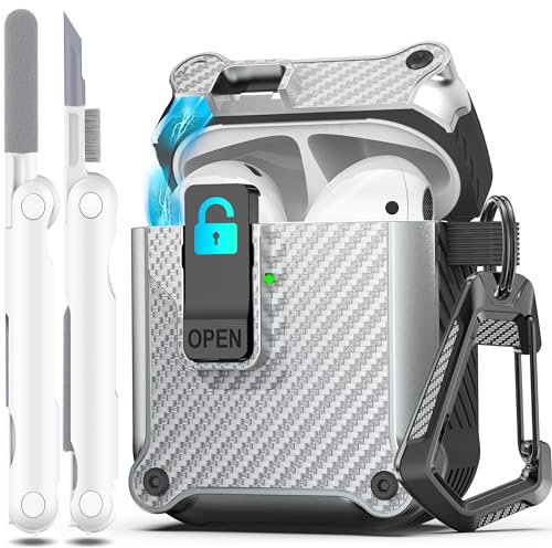 R-fun Compatible con AirPods 2.ª generación 2019, 1.ª Gen 2016 Funda Protectora, Total contra caídas, Tapa emergente automática para Funda Apple Airpods con Kit de Limpieza,Fibra de Carbono Plata