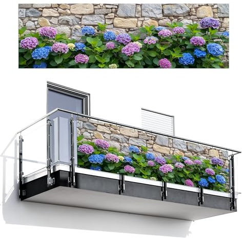MuchoWow© Balkongeländer Sichtschutz Einseitig 90x300 cm Groß PVC Garten Windschutz Seitlich ohne Bohren Wetterfest Zaunsichtschutz Terrasse Balkon Abdeckung Blumen - Steinoptik - Bunt