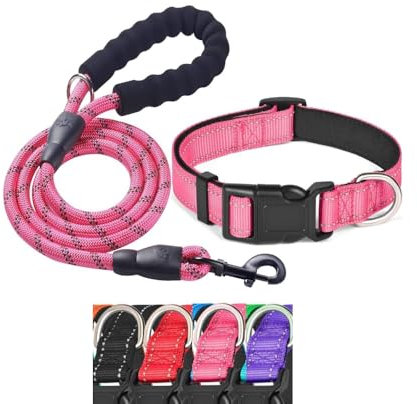 KOMUNJ Set collare e guinzaglio riflettente per cani, collare regolabile, guinzaglio in nylon resistente per cani di taglia media e grande,Rosa, m