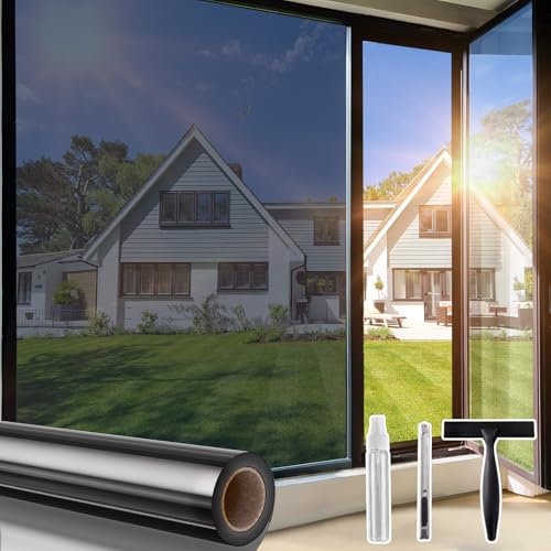 Lifetree Spiegelfolie Fensterfolie Blickdicht Sichtschutz von außen, 105x200 cm, Sonnenschutzfolie mit UV-Schutz und Hitzeschutz, selbstklebend, ideal für Wohnzimmer und Büro, Schwarzes-Silber