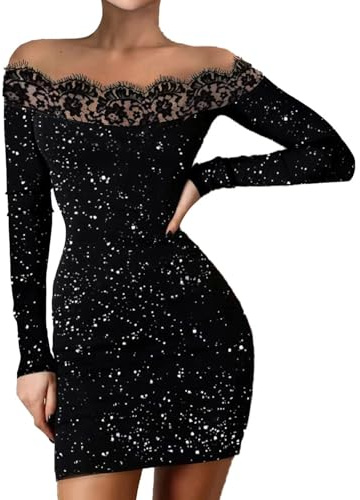 Hanaoops Abito Paillettes Donna Corto Vestito Aderente Sexy Maniche Lunghe Mini Abito Elegante da Sera Vestito Senza Spalle Scoperte Brillante Bodycon Abiti per Discoteca Festa Cocktail Cerimonia