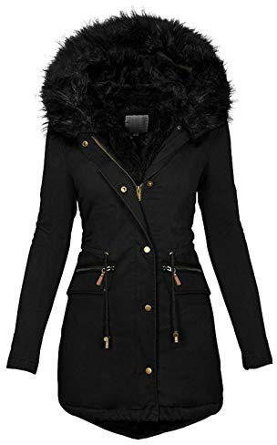 Womens Coat Thick Fleece Lined Parka Jackets Winter Warm Hooded Overcoats Outerwear Windproof Jacket Quilted Long Padded Coats Loose Casual Puffer Coat Black
