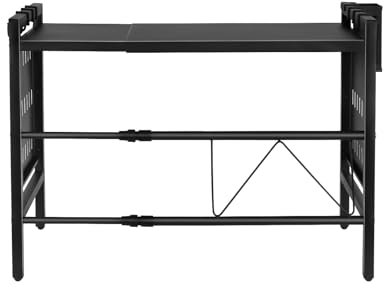 HUOLE Support de Four à Micro-Ondes Extensible, Etagere Rangement Cuisine Four à Micro Ondes, Multifonction Meuble de Rangement en Métal, Charge 25 Kg,(42-68 * 36 * 46 cm-Noir)