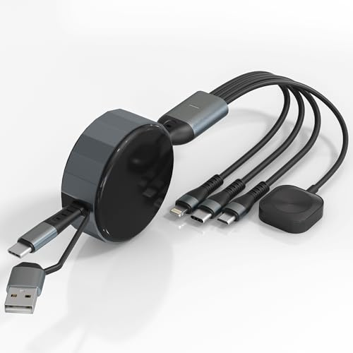Multi Charging Cable for Apple Watch Charger - 4 in 1 Retractable Cable Portable Charger Cable with Lightning/Micro/Type C/iWatch for iPad, Tablets, 100W iPhone Retractable Multi Charging Cord