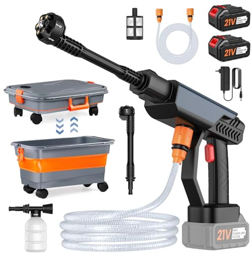 Hidrolimpiadora Bateria, 30 Bar Pistola de Agua a Presión con 2 x 3.0Ah Baterías, 22L Tanque de Agua Móvil Plegable, Boquilla 6 en 1, Manguera 5M, Pistola Hidrolimpiadora Sin Cable para Jardín, Coche