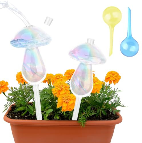 4 Stück Bewässerungskugeln , 2 Stück Bunte Glas Bewässerungskugeln Pilze und 2 Stück PVC Bewässerungskugeln Selbstbewässernde Kugeln Pflanzenbewässerungskugeln für Zimmerpflanzen, Garten und Balkon