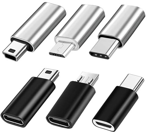 Adattatore USB C (6 pezzi), USB-C Maschio a Micro Femmina, USBC Femmina a Micro Maschio, Tipo C Femmina a Mini USB Maschio, Compatibile con Smartphone, Tablet e Altri Dispositivi(Nero e Argento)