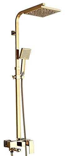 Dusche, Duschkopf, klassisches Duscharmatur-Set in Gold, luxuriöser quadratischer 8-Zoll-Regenduschkopf mit Handbrause, an der Wand montierte Badewannenarmaturen aus Messing, Badezimmer-Duschmischbatt