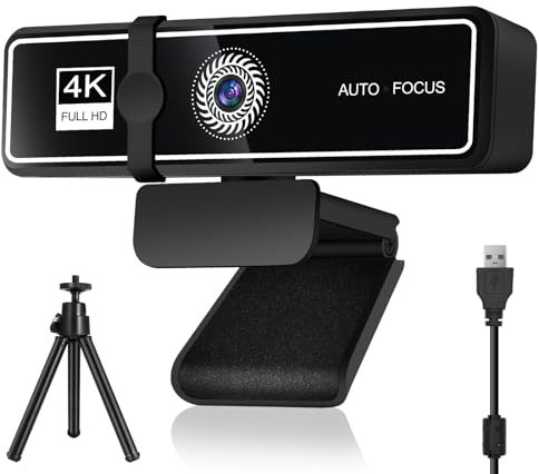 Webcam 4K con Microfono con Trípode de Metal, Enfoque Automático, 120° View, Corrección de Luz, Reducción de Ruido, Plug & Play, UHD Cámara Web PC para Conferencias, Streaming, Videollamadas