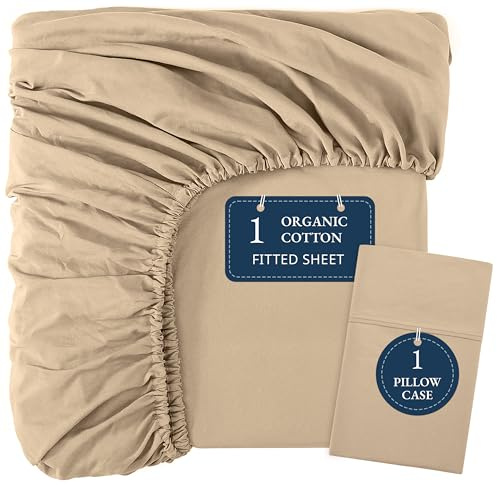 Organic Cotton King Fitted Sheet – Ultra Soft & Breathable with 2 Pillow Covers, 35cm Deep Pocket, Elastic Edges Bottom Sheet - Linen