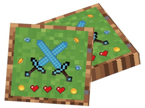 Ovanda 20 Stück Pixelmotiv Happy Birthday Servietten, Servietten Geburtstag, Pixel Kinder Geburtstag Servietten für Jungen Kindergeburtstag Party Supplies, Videospiele Kindergeburtstag Tischdeko