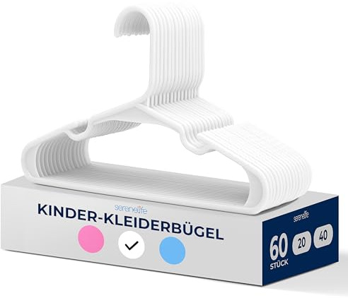 SereneLife Kinderkleiderbügel 60er Set – Kleiderbügel Kinder & Baby Kleiderbügel Kunststoff & rutschfest – für Kinderkleidung & Babykleidung, Babykleiderbügel 28.5 cm (Weiß), platzsparend mit Kerben