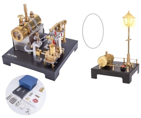 Meiurlex RETROL SE-01 Dampfmaschinen Modellbau für Physik Experimente, 84 Teile Horizontaler Kessel Voll-Metall Beam Steam Engine Motor mit Generator und Straßenlaterne
