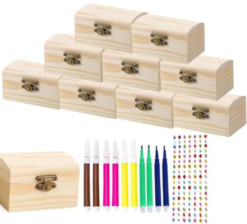 DIY Bastelbox aus Holz, 10 Pack kleine Schatztruhen aus Holz mit Schloss, Mini-Aufbewahrungsbox für Schmuck, Bastelarbeiten, Dekoration, Home-Office-Organizer, handgefertigte Holzbox im Vintage-Stil