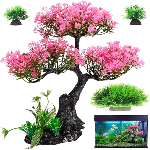 Cabilock Pink Cherry Blossom Aquarium Decor, 12.2 Inch Artificial Sakura Tree Fish Tank Plant with Stable Base, Realistic Plastic Aquarium Ornament for Betta, Goldfish, Turtle Tank Accessories, 4PCS