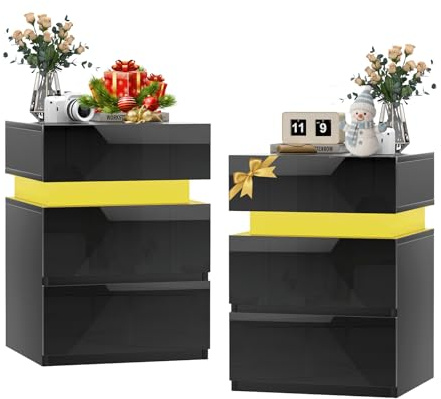 Ysgwsg Nachttisch Schwarz 2er Set, Nachtschrank mit 3 Hochglanz-Schublade, Nachttisch mit LED, Nachttische Modern für Schlafzimmer, Wohnzimmer und Sofa-Beistelltische. (Schwarz-c, 35x40x55cm)
