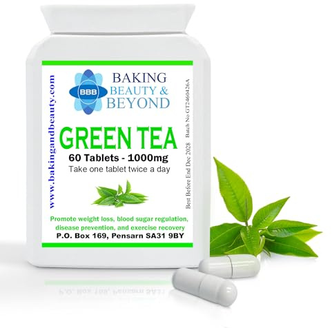 Baking Beauty and Beyond Green Tea Tablets 1000mg High Strength - Vegan, Non-GMO, Natural and Pure Supplement for Healthy, Weight Management and Heart Health (60 Tablets)