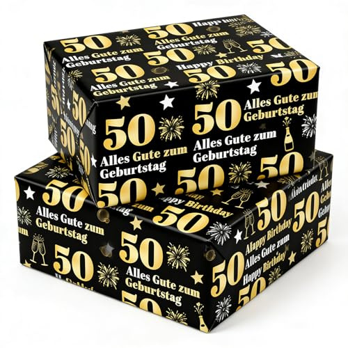 2 Blätter Geschenkpapier Geburtstag Set 50. Geburtstag Wrapping Paper Schwarz Gold 75x51cm mit Doppelklebeband für den 50. Jubiläumsfeier, Respektvolle Geschenkverpackung