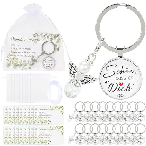 Fegat 20 Stück Kleeblatt Schlüsselanhänger Glücksbringer, Viel Glück Geschenke Set mit Rund Kleeblatt Engel Schlüsselring Grußkarte Organza Säckchen, Dankeschön Geschenke für Freund Kollegen Abschied