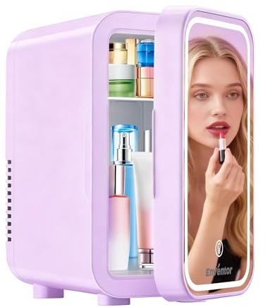 Enventor Mini Fridge 6L/ 8 Can, 3-Level Dimmable LED Mirror, AC+12V DC | Skincare Fridge, Portable Cooler & Warmer for Bedrooms, Home, Car/Cosmetics, Skin Care and Food, Purple
