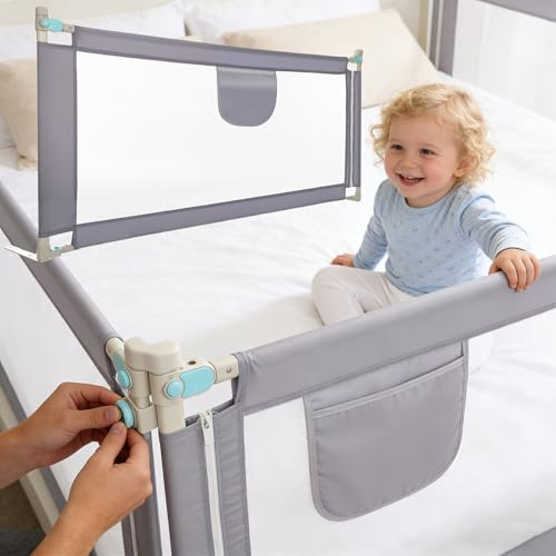 Barrera Seguridad Niños Cama, Barandilla Cama 150+200cm, Protección Anticaídas con Malla Transpirable, Barandilla Regulable en Altura 69-98 cm, Pasamanos con Bolsillo Lateral, Apto para Boxspring