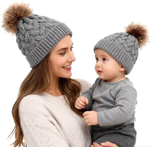 Winmany 2PCS Mutter & Baby Strickmütze Winterwärmer Familie Häkelarbeithut Wollmütze Beanie Ski Hüte&Mützen