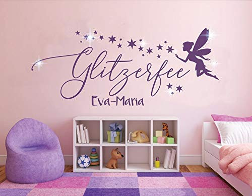 tjapalo® pkm457 wandtattoo Mädchen Zimmer Wandsticker Mädchen Name Wandaufkleber Mädchenzimmer Wandtattoo Fee mit Namen und Kristallen, Farbe: flieder, Größe: B80xH38cm