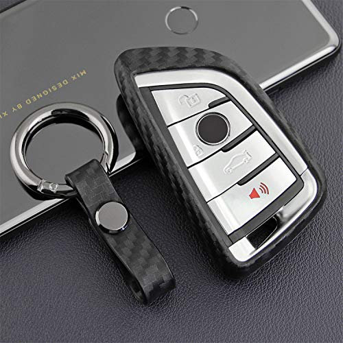 M.JVisun Weich Autoschlüssel Fall für BMW 2 Serie 3 Serie 5 Serie 6 Serie 7 Serie GT5 M4 M5 X1 X2 X3 X5 X5M X6 X6M X7 Silikon TPU Kohlefaser Muster Abdeckung - Schwarz - Runde Schlüsselbund