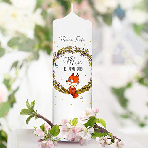 Wandtattoo Loft Taufkerze Blumenkranz mit Fuchs - Kerze zur Taufe, Geburt oder Kommunion – weiß 25 x 7 cm mit Name, Datum, ggf. Taufspruch / / Taufkerze 25 x 7 cm (ohne Taufspruch)