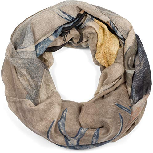 styleBREAKER Damen Loop Schal mit Hirsch Print und geometrischer Einteilung, Schlauchschal mehrfarbig, Tuch 01017131, Farbe:Beige-Blau