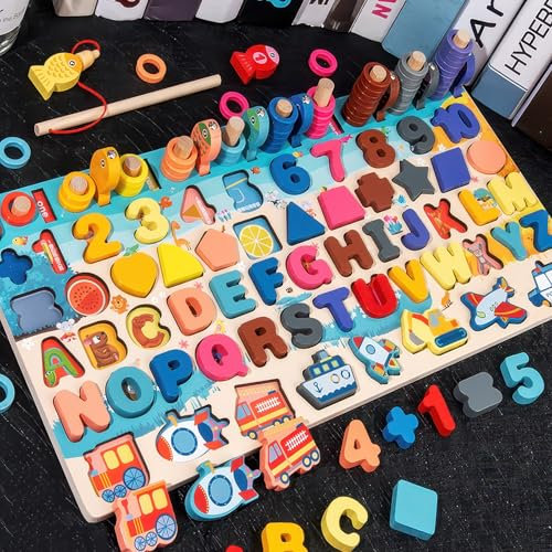 Wooden Number Alphabet Puzzles Sorting Counting Shape Sorter Learning Fishing Game Toys for Age 3 4 5 6 Year Olds Kids, Preschool Education Math Stacking Blocks Learning 7 in1