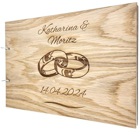 laser-diele Gästebuch Hochzeit – Hochzeitsgästebuch mit Namen Personalisiert – Hochzeitsgeschenke – Gästebuch Geburtstag und Taufe – Eiche Edelfurniert – A4 (Hochzeitsringe)