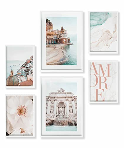 Heimlich® Premium Poster Set mit Bilderrahmen Holz Weiss | 2 x DIN A3 & 4 x DIN A4 - ca. 30x42 & 21x30 | Stilvolle Poster Collagen mit passenden Bilder als Wanddeko » Italien Rom Liebe «