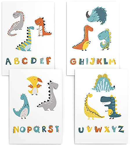 Papierschmiede® Kinderposter 4er Set, 40x60 cm Wanddeko, Geschenk für Jungen Kinderzimmer Babyzimmer, Dinosaurier Alphabet, Dino ABC