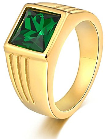 KnSam Herren Ring, Ringe Herren Vintage Quadrat Aus Edelstahl Siegelring Für Herren Männer Mit Zirkonia Gold Grün Ring Mit Kostenlos Gravur