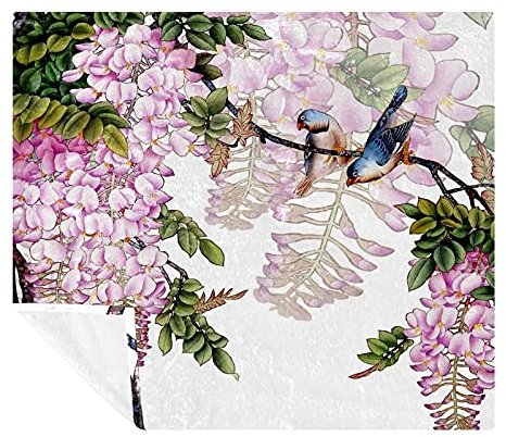 Fleecedecke für Couch, gemütliche, leichte, weiche Decken und Überwürfe für Erwachsene und Kinder, 150 x 130 cm, Flieder mit Vögeln