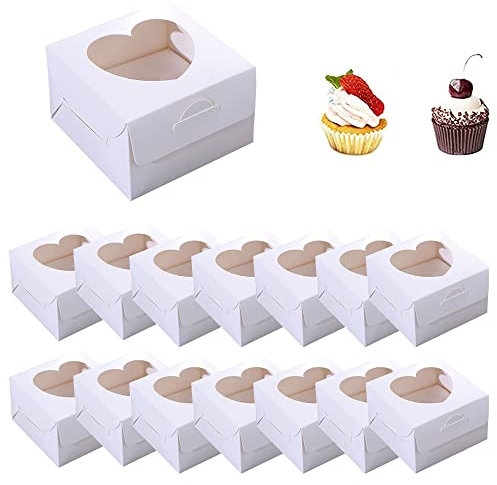 30 Pezzi Mini Scatole per Torta, 10x10x6,5cm Scatole per Dolci, Scatola per Biscotti, con Finestra Trasparente a Forma di Cuore, per Cupcake, Muffin, Cioccolato, Ciambelle (Bianco)