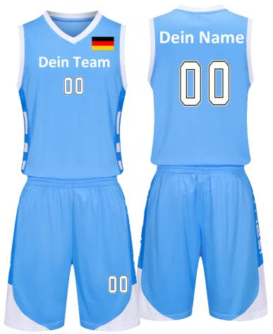 Benutzerdefiniert Basketball Trikots Kinder Herren mit Namen Nummber Logo Basketball Jersey Shirt und Shorts (Himmelblau)