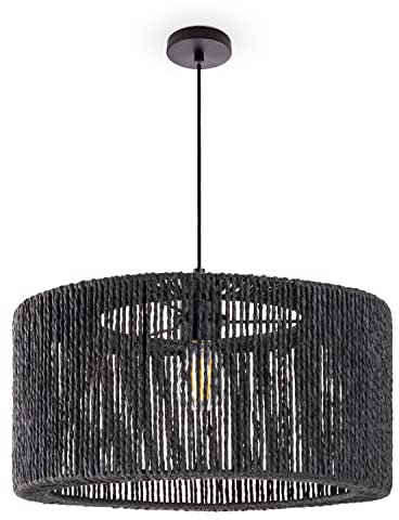 Paco Home Hängelampe Bambus Wohnzimmer Pendelleuchte Rattan Esstisch Esszimmer Lampe E27 Hängeleuchte Papier Boho, Farbe:Schwarz (Ø40cm), Leuchtenart___Farbe:Pendelleuchte - Schwarz