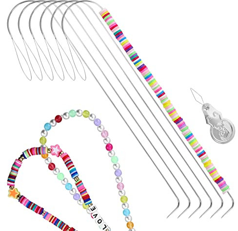 6 PCS Large Eye Curved Beading Needles with 1pc Bead Needle Threader, 13.7cm Flexible Beading Needle for Bead Spinner, Bead Spinner Needles for DIY Beading Jewelry Making Crafts