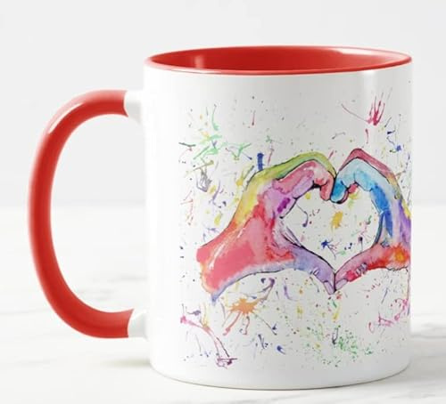 Vixar Hand Heart Rainbow Love Hands Watercolour Art Coloured Mug Cup Gift Birthday Work Office Christmas Tea Coffee (Red)