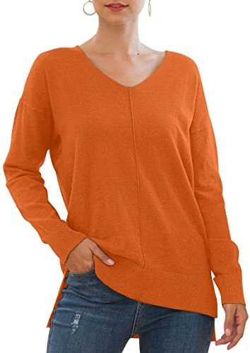 PCEAIIH Women Jumpers Casual Long Sleeve V-Neck Lightweight Knitwear Sweater Loose Pullover Tops M Orange
