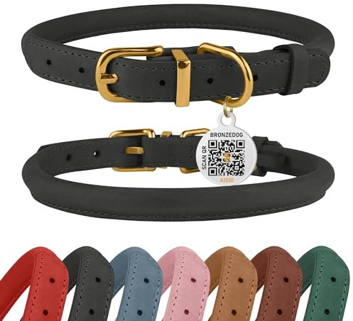 BRONZEDOG Hundehalsband aus gerolltem Leder mit QR-ID-Tag, verstellbar, weiche runde Halsbänder für kleine, mittelgroße und große Hunde, Welpen, Katzen (Schwarze Nacht, 35-41 cm)